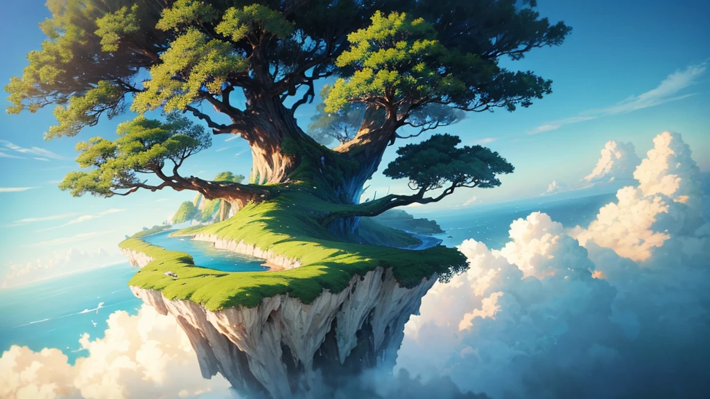a close up of a tree on a cliff with a sky background, flying island in the sky, floating and flying island, an island floating in the air, floating island in the sky, flying island, floating mountains, island floating in the sky, anime nature, amazing wallpaper, epic matte painting of an island, made of tree and fantasy valley, floating island