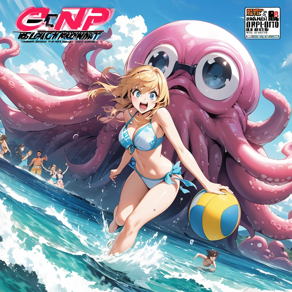 manga cover, boys and girls, manga style, beachfront, bikinis, having fun at sea, perspective, voleyball na beachfront, a giant octopus appears in the sea