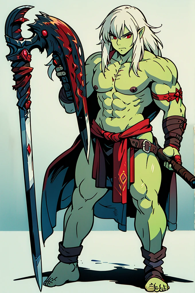 Half-Orc Barbarian, Red Eyes, green skin, silver hair, full body art, perfectly muscles adorneds, great axe