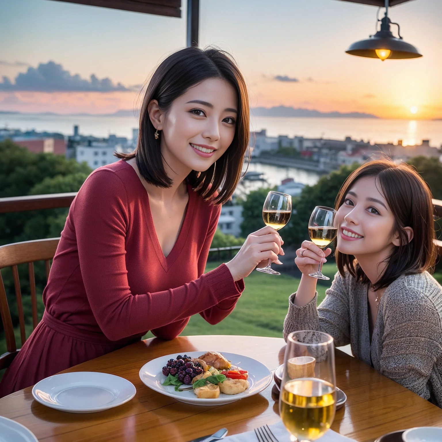 ((Highest quality、8K、masterpiece:1.3))、 (Genuineistic, Genuine、Bright image、Intricate details:1.2), 最高のsmile、1 male、1 female、party、Beautiful couple、Satomi Ishihara-like lover、Good friends、actress couple、smile、Full-course dinner at a packed table、 (Slim face), (the body is slim), (Brown Hair), (short hair), テーブルのwine glass、Please shine a light on my face、 Amazing view of the sunset sky and clouds、 (36 years old)38 years old, red wine 、Wine bottle、sparkling wine、Long sleeve shirt、Pink Dress、White wine, red wine, wine glass,
