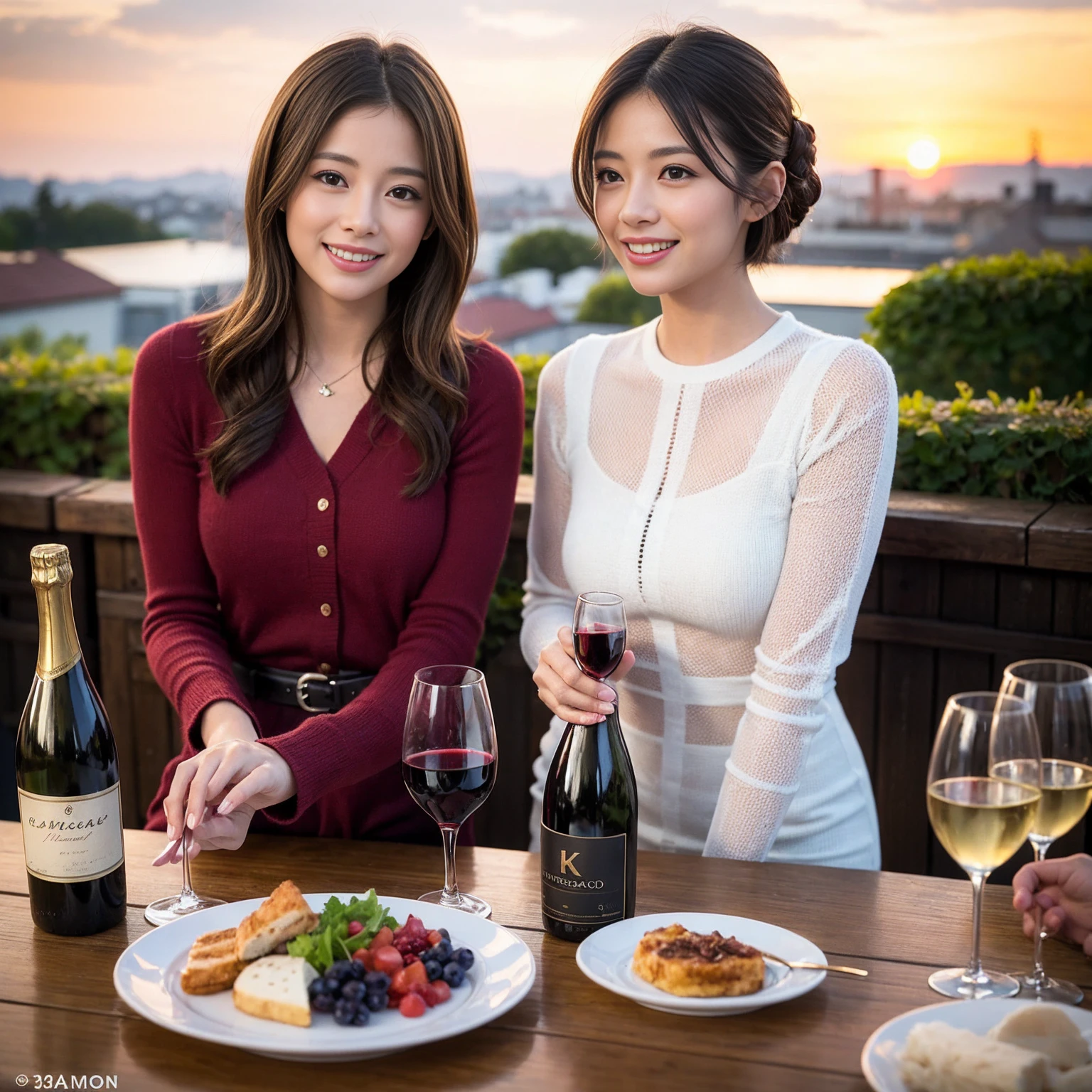 ((Highest quality、8K、masterpiece:1.3))、 (Genuineistic, Genuine、Bright image、Intricate details:1.2), 最高のsmile、1 male、1 female、party、Beautiful couple、Satomi Ishihara-like lover、Good friends、actress couple、smile、Full-course dinner at a packed table、 (Slim face), (the body is slim), (Brown Hair), (short hair), テーブルのwine glass、Please shine a light on my face、 Amazing view of the sunset sky and clouds、 (36 years old)38 years old, red wine 、Wine bottle、sparkling wine、Long sleeve shirt、Pink Dress、White wine, red wine, wine glass,
