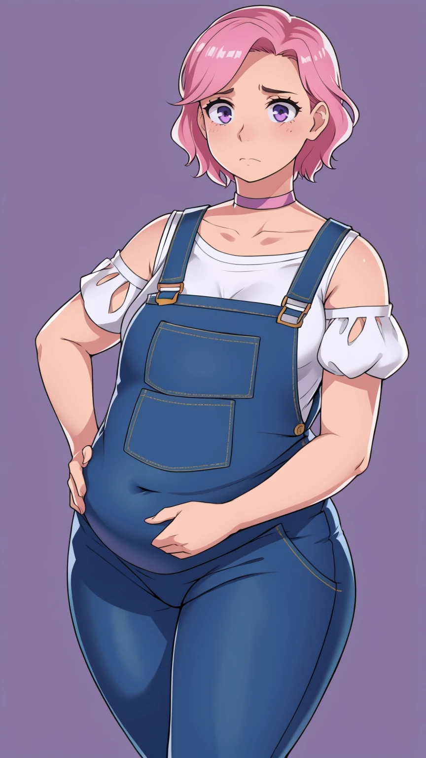 (Pale skin:1.0)Up close, Holding belly, hands on belly, outgrown clothes, (Sad:1.1), (Sad face:1.1)Pale skin, (Obese:1.1),fat, Slightly chubby, sad, farm backround, upper body, looking at viewer, 1girl, solo, short pink hair, (dark blue choker), (dark blue denim overalls), (purple eyes), (pink boots), (white shoulder lantern sleeve blouse, tucked in pants