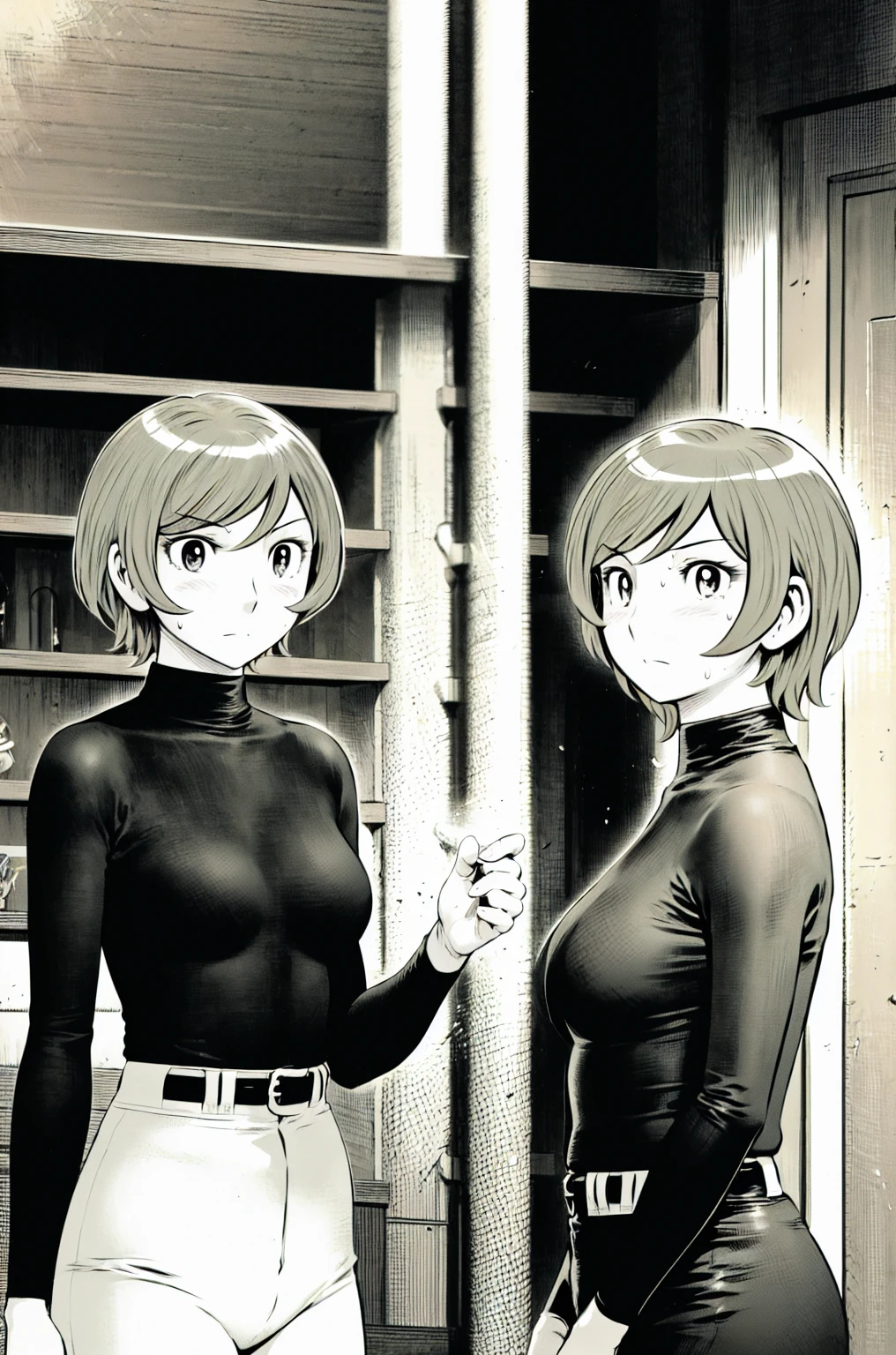 (野球uniform:1.2),
Blonde Hair, (short hair:1.2),Long sleeve, Black Shirt, turtleneck,White trousers、uniform、Black belt、((Illustration of a person))
View your viewers,, (Highest quality:1.3),One Girl, White pants、uniform、Outdoor、baseball ground、ground、soil、blue eyes、Tight black shirt、(masterpiece、Highest quality)、Highest quality, Ultra-high resolution, (((masterpiece))), alone, Sweat、Big eyes、Big Breasts、One Girl, Front view、Embarrassed face、Bronze colored hair、((short hair))、Please stand up straight