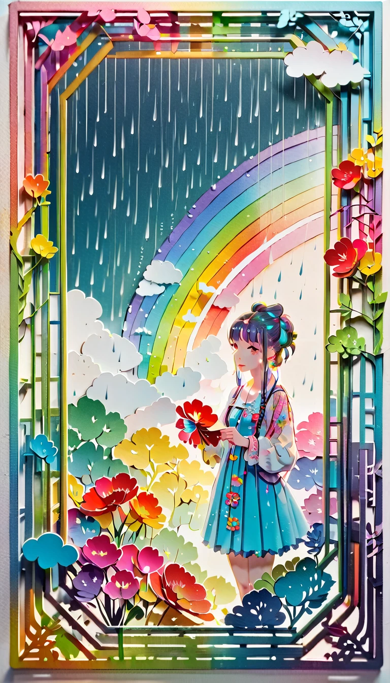 (((paper cutting style))), (frame of illustration is 3D paper cutting: 1.2), (random fashion), (random angle), (random hairstyle), (random hair color), (random hair length), 1 girl, rainbow, rain, unclear