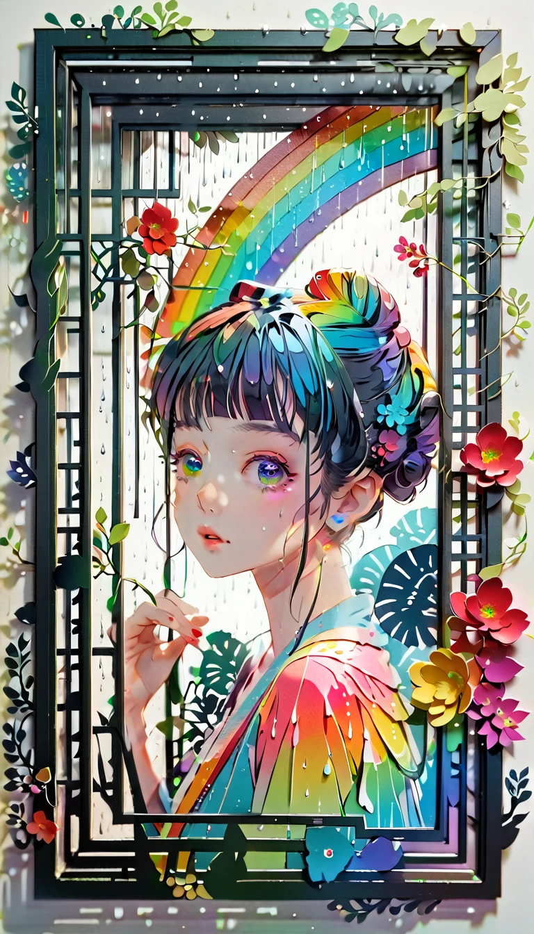 (((paper cutting style))), (frame of illustration is 3D paper cutting: 1.2), (random fashion), (random angle), (random hairstyle), (random hair color), (random hair length), 1 girl, rainbow, rain, unclear