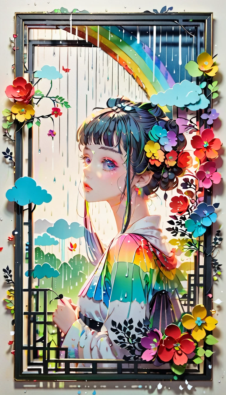 (((paper cutting style))), (frame of illustration is 3D paper cutting: 1.2), (random fashion), (random angle), (random hairstyle), (random hair color), (random hair length), 1 girl, rainbow, rain, unclear