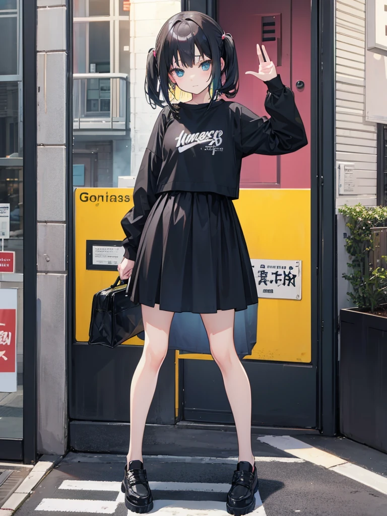 Anime girl, waiting hand, full body, street, embarrased face, Teenagers, black outfit