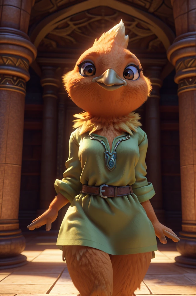 Female , bird, Torchic, background, (cinematic lighting:1.1), (perfect focus:1.1), 8k hd, (detailed eyes:1.2),depth of field, bokeh, subsurface scattering, perfect breasts, wide ,((wearing sexy link tunic )),bright colors, (furry detail:1.3),detailed background, realistic, photorealistic, ultra realistic,(inside the sacred temple of ocarina from zelda's time  ),realistic, photorealistic ,smile cute,(fluffy:1.3), furry, buff, (realistic fur:1.1), (extreme fur detail:1.2),((light orange fur)),(Black pupil, brown eyes,pixar style eyes),Torchic tail,3d pixar legs, with pectorals,brighter colors, and a sexy body. 