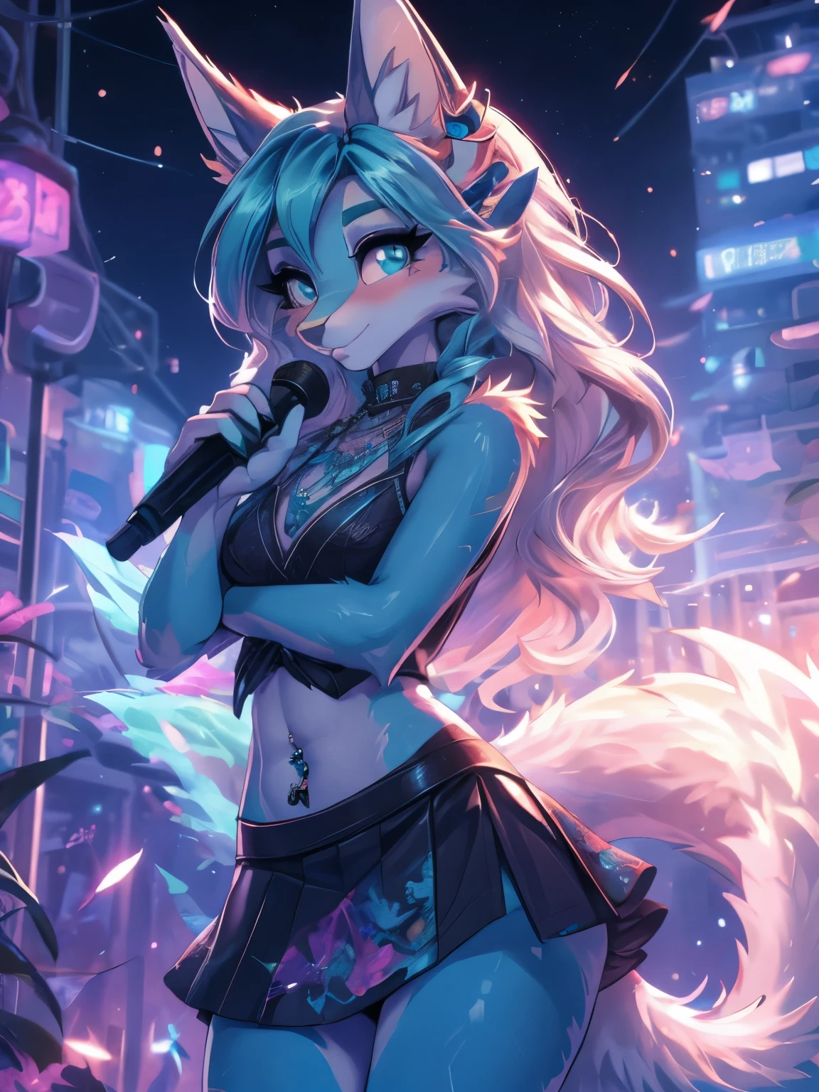 Chica anime,tennage girl 18 years old, anime style, cute hatsune miku x suicune, Chica tímida , Orejas de Kitsune, arte de dark natasha, city landscape, arte de vixen aztra, cuerpo completo, patas hermosas, cintura delgada, caderas amplias, navel white blouse, white&pink skirt, navel piercing, ear piercing, navel tattoo, atrevid pose, back pose, fluffly tail, sensual eyes (la mejor definicion) long hair, black flash, city party, city night life, party girl, idol girl, girl with microphone singing, deep blue eyes (HD), white&pink dress, super mega star idol, aura pura, silueta de luz, silueta radiante de luz dorada, su cuerpo brilla, mekor iluminacion en fotografía, mermaid mini skirt, lovely girl, sending kiss, heartlove