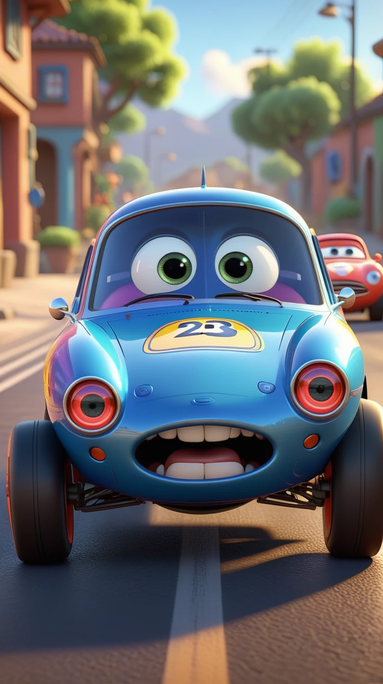 A cute and funny Pixar character, a racing car with eyes and mouth, on the road, (best quality,4k,8k,highres,masterpiece:1.2),ultra-detailed,(realistic,photorealistic,photo-realistic:1.37),bright colors,dynamic lighting,highly detailed,intricate details,incredibly realistic,Pixar style,endearing expression,emotive eyes,anthropomorphic,sleek aerodynamic design,vibrant colors,glossy paint finish,motion blur,dramatic shadows,cinematic lighting