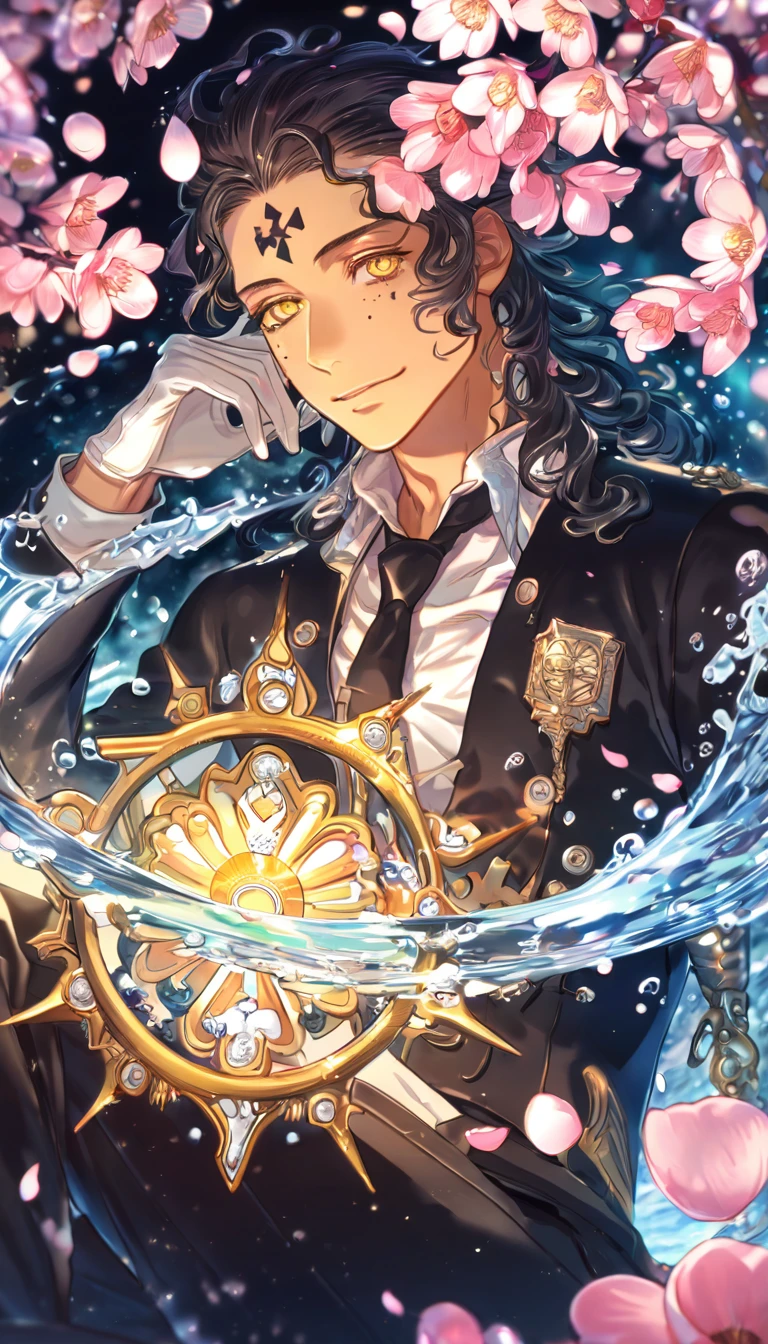 Ultra detailed, highres, absurdres, HDR, master piece, Tiky Mikk, dark wavy hair, slicked back hair, short hair, expressive yellow eyes, tanned skin, black clothes, black necktie, white gloves, D.Gray-Man, fantasy, pink petals, water, pink flowers, handsome, sexy man, solo, magical, best quality, extremely detailed face, blossoms, handsome smile, blue shining fireflies, mole under his eye, cross mark on his forehead, sitting, black pants