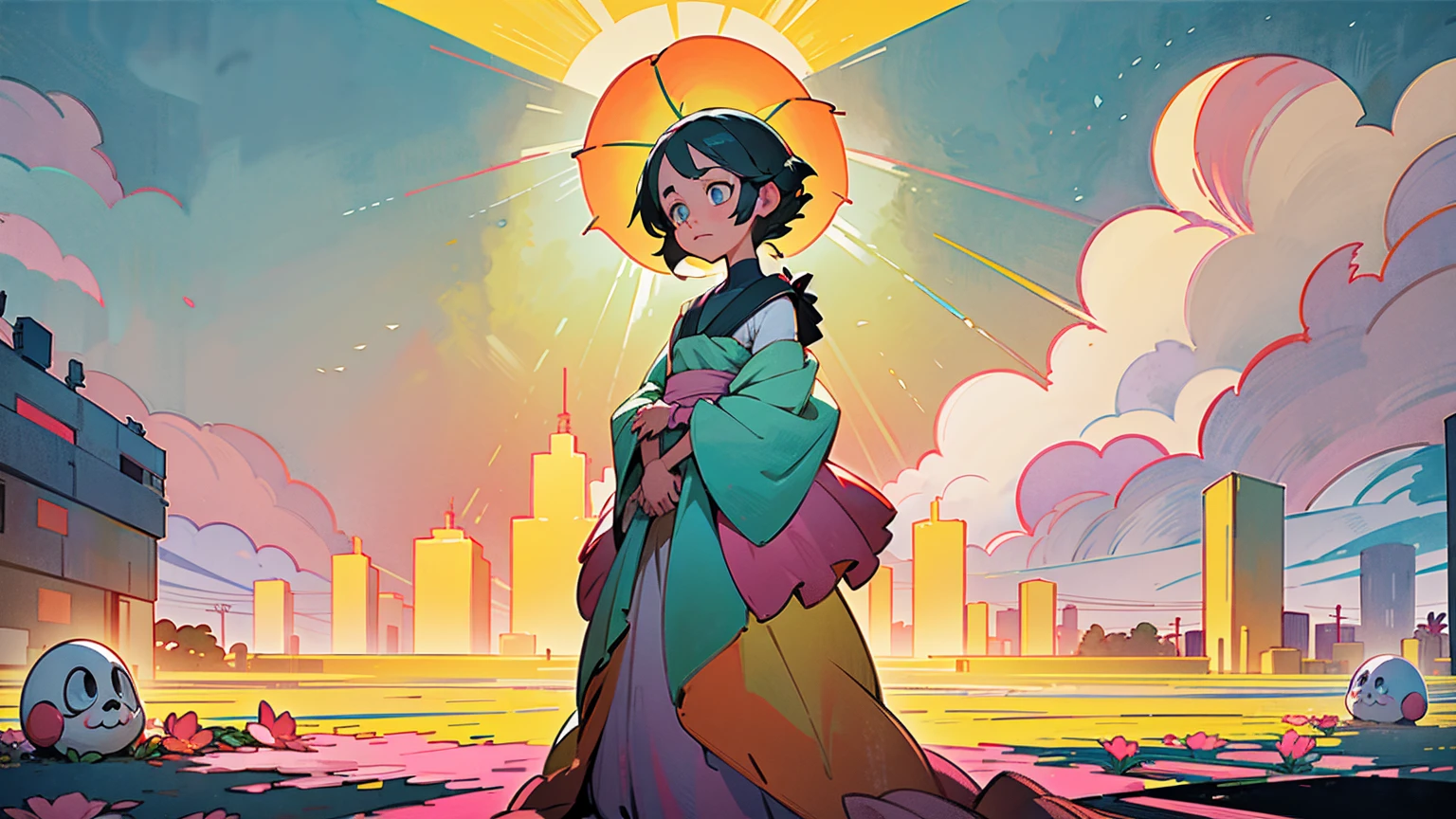 A vibrant flower blooms on the dirty ground of a large gray avenue. A crowd of gray, soulless people crosses the streets. A colorful , glowing with bright hues, stands protectively over the flower, protecting it with her little hands and determined eyes. Sunlight breaks through the dark clouds. Studio Ghibli style