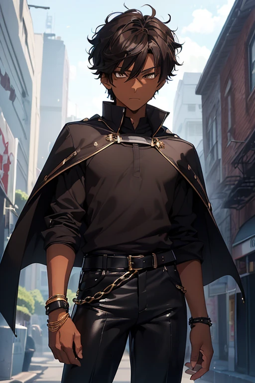 (1boy),(anime),(height 1.80cm),(),(short curly black hair),(Dark brown skin color:1.5),(brown eyes),(wearing),+,(Stylish black pants with sinsas tones and a shiny black cape and wearing two bracelets on the left and right arm and wearing a black blouse with sinsas tones and black boots with gold details)