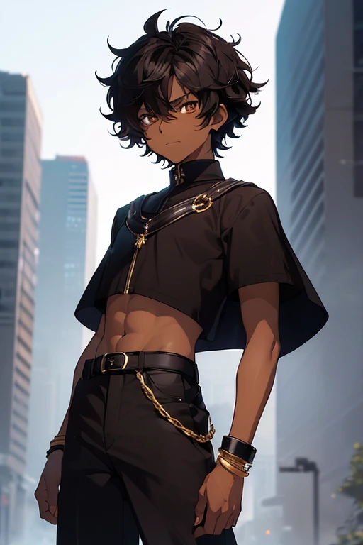 (1boy),(anime),(height 1.80cm),(),(short curly black hair),(Dark brown skin color:1.5),(brown eyes),(wearing),+,(Stylish black pants with sinsas tones and a shiny black cape and wearing two bracelets on the left and right arm and wearing a black blouse with sinsas tones and black boots with gold details)