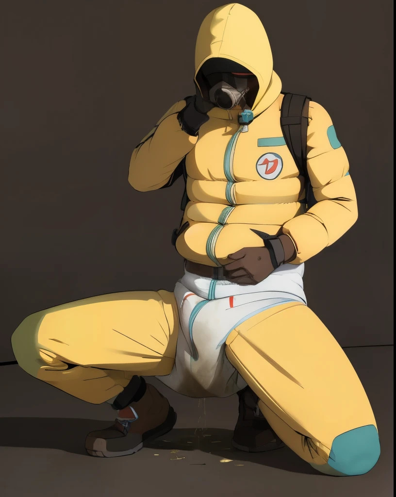 masterpiece, top quality, best quality, highly detailed:1.2), colorful, 1boy, solo, Hazmat Suit guy, hidden face, diaper under suit, diaper under clothing, desperate, peeing, purposely, casual, scat, diaper blowout, very very very poopy diaper, visible poop, brown diaper