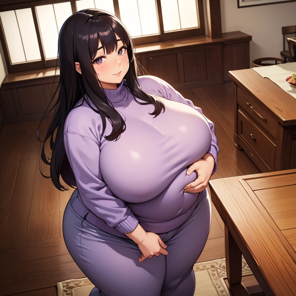 detailed illustration, dynamic angle, ultra-detailed, illustration, 1girl, mid 40’s year old Chinese American woman, during the day, in a fancy home, standing in the kitchen , wood paneled walls, beautiful dark wood floors, oriental rugs, obese and thicc,motherly and nurturing, silk waist-long dark hair, big round firm belly, 350 lbs+ weight, 6’ tall, strained purple sweater, soft smile, look cute, tight clothes, tight mom jeans, very wealthy looking, tall, grey eyes, anime eyes, thick thighs, large protruding belly, belly sag, thunder thighs, thighs always touching