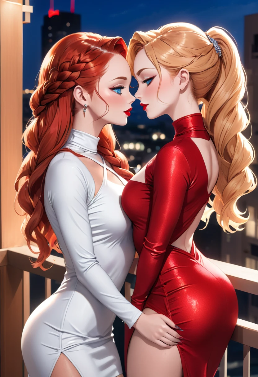 Two beautiful women with long braided red hair and mid wavy blond hair, respectivetly, with blue eyes wearing a Mock Neck Cut Out Dress, Sexy Criss Cross Mock Neck ((Mid Sleeves)) Dress, ((luxurious jewelry)), standing in a balcony at night, hugging closely and kissing each other (white skin), (red lipstick), (elegant mascara), (muscular body with abs), (small breasts) midjourney, <lora:GoodHands-, <lora:GoodLegs-, UHD, high resolution, (masterpiece:1.1, best quality), (expressive eyes, perfect face, full body, expressive face, perfect body, athletic, fit, slim body, blushing, Perfect makeup, eyeliner, beautiful eyelashes, smiling, horny face), ((Red dress)), ((Black dress)), ((Tight dress)), ((best illumination, best shadows)), ((lesbian kiss))