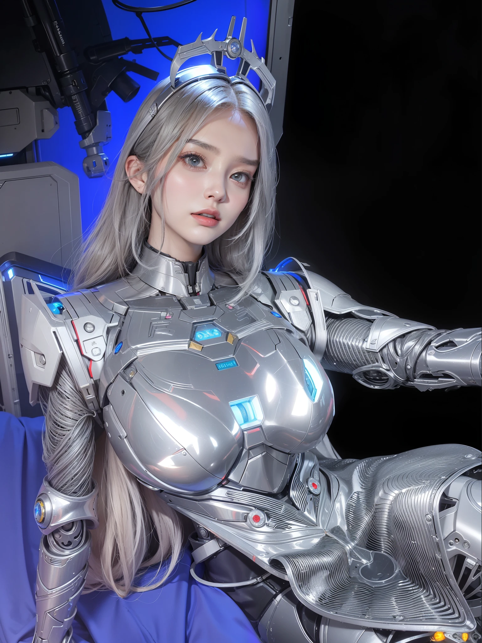 Futuristic high-tech style,best quality,Fairy Skin,(every time :1.2),eternal,Very detailed,Practical,high quality,Light,Light线追踪,Ultra HD,Upper Body, Future Iron Man Mech,shooting,Battery,Transmitter,Large caliber artillery,Rostlan 8K,Mecha Cyber Armored Girl,Wearing a cyberpunk technology helmet,Star Armor Helmet,With breathing Light,The armor of the future shines,Armed Cannon,High-tech armor,helmet,Surrealism,future technology