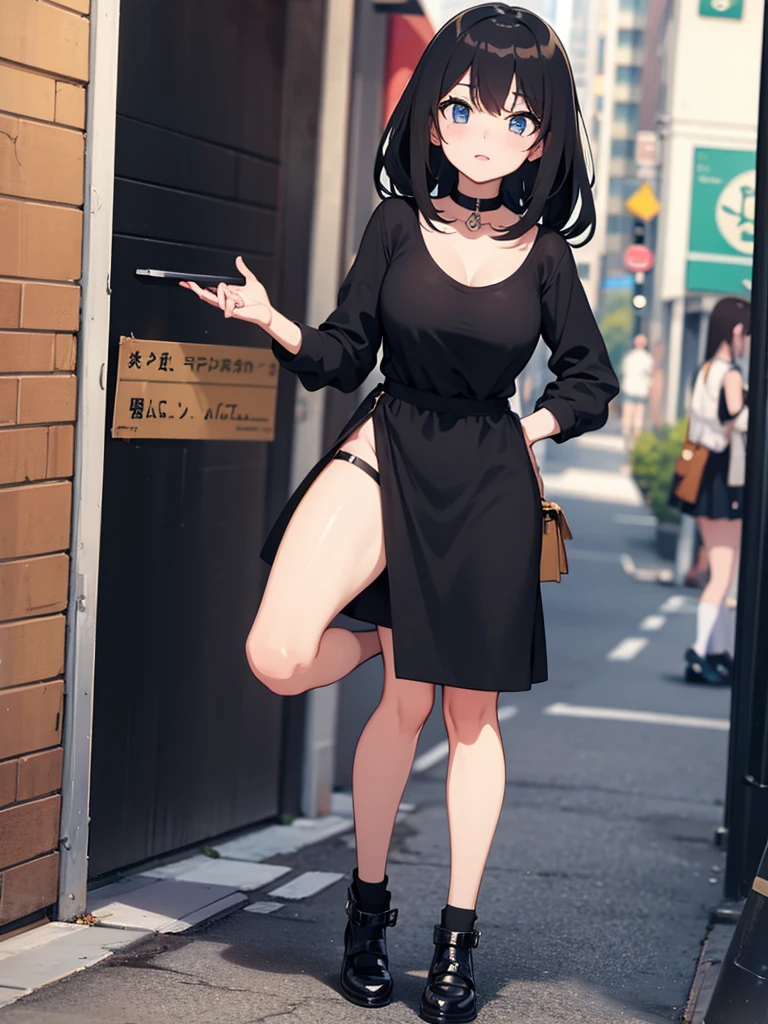 Anime girl, waiting hand, full body, street, embarrased face, Teenagers, black outfit