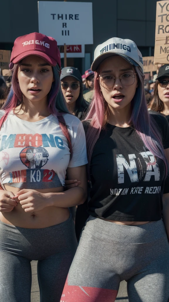 ((masterpiece)), ((best quality)), ((highres)), ((detailed background)), ((extremely detailed CG unity 8k wallpaper)), Create a 4K realistic image of A group of women wearing MAGA hats. They are at a protest, dressed in casual clothing, with some wearing glasses and others holding protest signs. The background shows other protesters and a lively environment, but the focus is on the women who look distressed and uncomfortable wearing the hats. The scene captures a mix of emotions with the women looking unhappy about wearing the MAGA hats
liberal, libtard, rainbow hair, liberal, democrat
Maga hat, trump 2024
Fully dressed, raging liberals, crying, libtards, dressed in leggings and tshirts, protesting