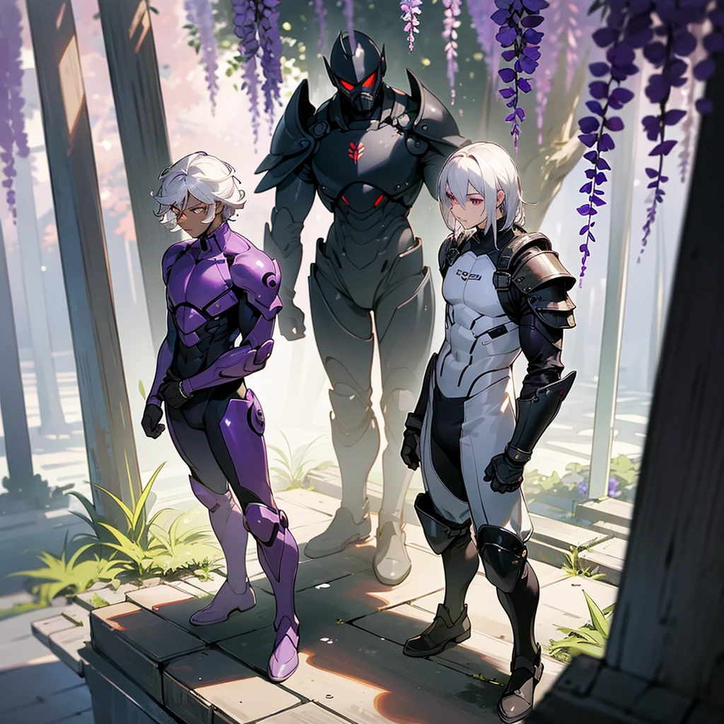 1male, young adult, dark skin, finely detailed plum eyes, wild medium hair, seashell white hair color, full body combat suit, shoulder armor pieces, combat boots, baggy miltarty combat pants, standing on ruined building, day time, tokyo streets, somber expression, muscular, tattoos, wisteria flowers, scars, gasmask