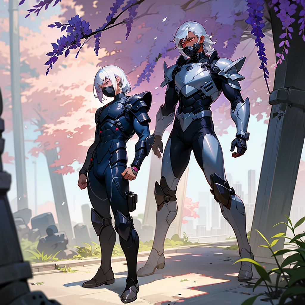 1male, young adult, dark skin, finely detailed plum eyes, wild medium hair, seashell white hair color, full body combat suit, shoulder armor pieces, combat boots, baggy miltarty combat pants, standing on ruined building, day time, tokyo streets, somber expression, muscular, tattoos, wisteria flowers, scars, gasmask