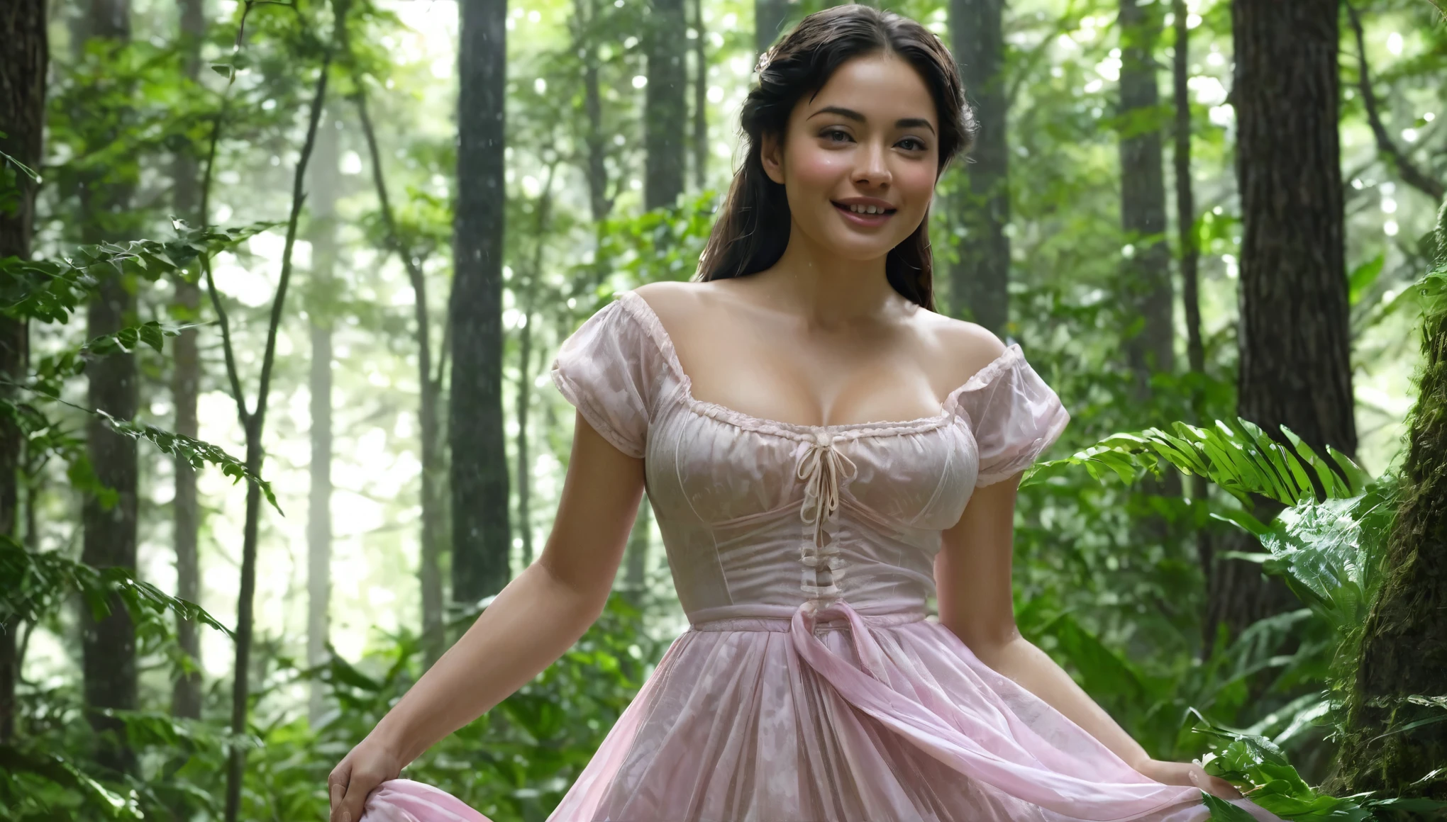(masterpiece), (Best Quality), (Detailed), light layer, 1solo girl, girl in the forest, sexy transparent colonial dress, Perfect body, by rubio, defined chest, defined collarbone, ultra realistic, photorealistic, Detailed, pink nipple , big ,happy, Wet clothes