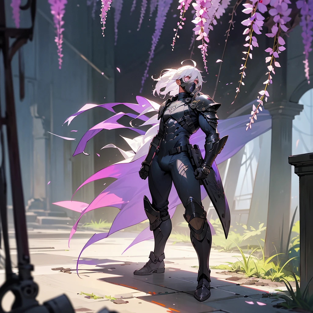 1male, young adult, dark skin, finely detailed plum eyes, wild medium hair, seashell white hair color, full body combat suit, shoulder armor pieces, combat boots, baggy miltarty combat pants, standing on ruined building, day time, tokyo streets, somber expression, muscular, tattoos, wisteria flowers, scars, gasmask