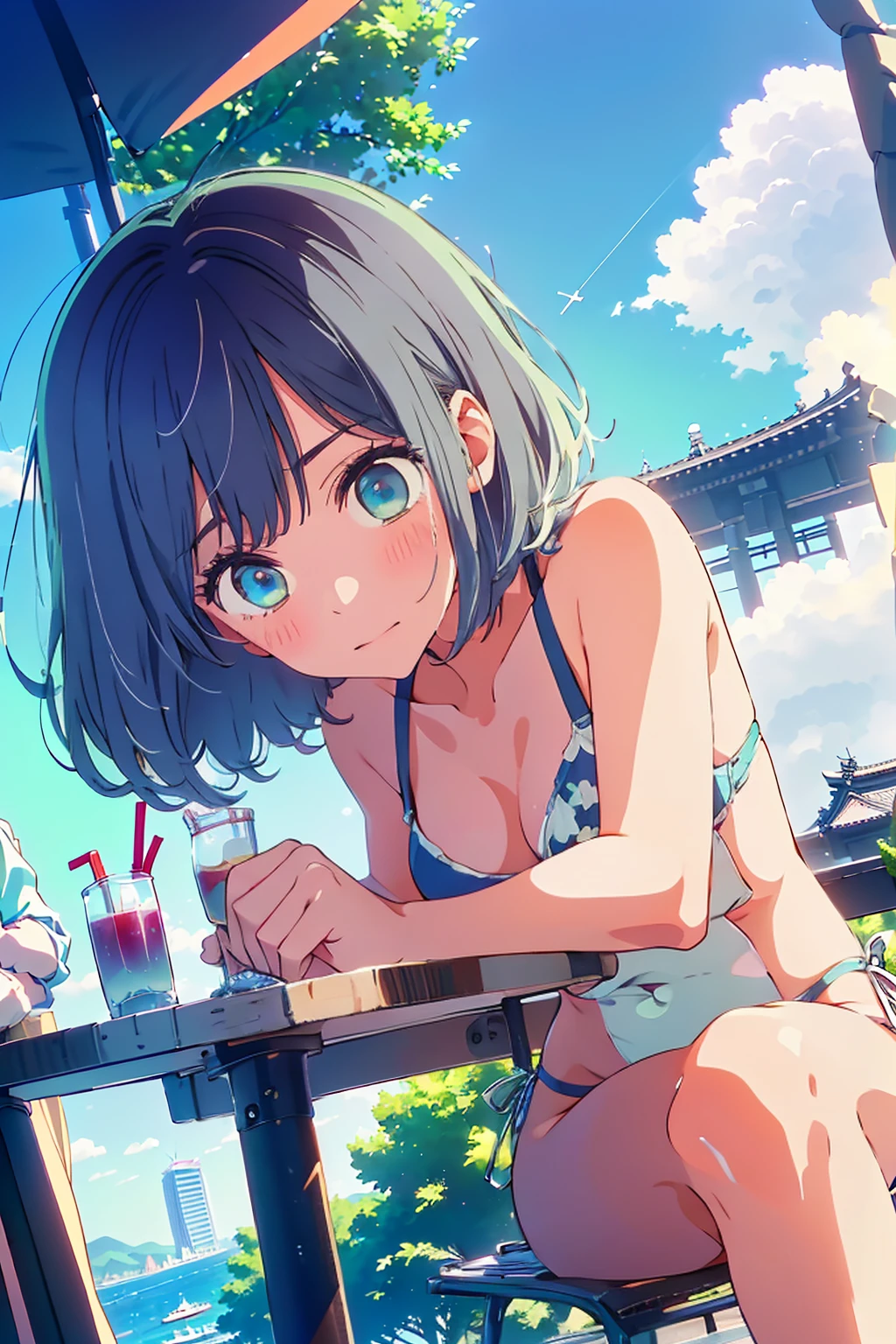 (Highest quality:1.4、8K:1.4、detailed)、F cup bust、Big Breasts、Slim body、Very white beautiful skin、((((1 person、Surprised expression、sit、Chair、In the background are the urban buildings of Tokyo、looking at the camera、Outdoor café terrace、coastal、Navy hair color、juice、White side string high leg bikini、Shooting up close、Shooting from an angle、table、Very cute face))))、(Cross your arms:1.4、Crossing your legs:1.4)、Very blue sky、A completely cloudless sky