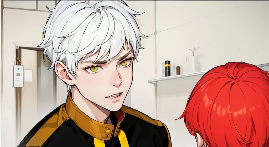 He has a golden collar and shoulder pads on his gold shirt, cute 17 year old boy, yellow eyes, white hair, black clothes with yellow, he is talking, he is cold, serious, calm.