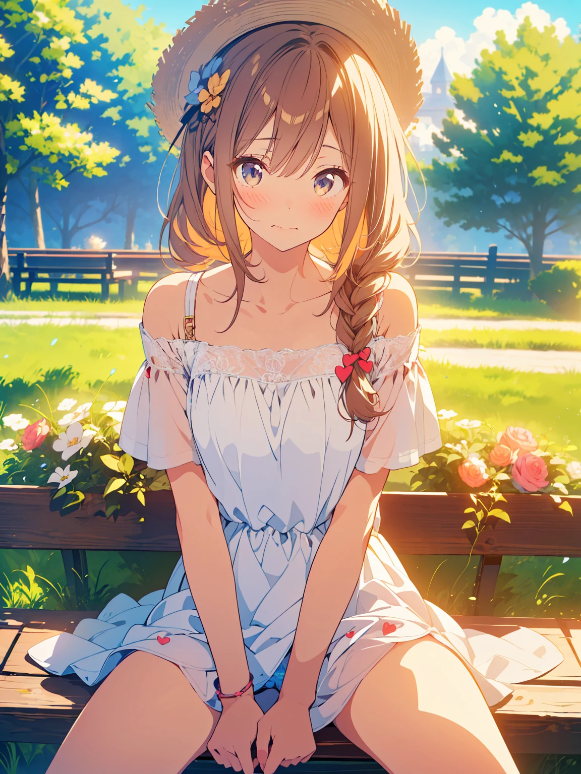masterpiece, best quality, detailed, an extremely delicate and beautiful, high resolution, highres, hi-vision anime, ( anime coloring:1.1), Motivated Light,( beautiful hair), (beautiful face), photo of perfect eyes, perfect eyes, perfectly composed photo, detailed face, detailed eyes,( detailed clothing:1.3),( perfect hands), small breasts, Round chest,
BREAK
moody angle, upper body, 1girl, beautiful (kogal gyaru) girl,( gold,_hair),hair accessory, jewelry, makeup, bracelet, painted nails, makeup, (big hair), (updo), shoulder cutout, braid, dress, brown hair, twin braids, blush, long hair, white dress, jewelry, clothing cutout, bangs, necklace, floral print, bare shoulders, straw hat, collarbone, hair bow, short sleeves, ribbon, brown headwear, hair over shoulder, detailed panties, panty shot,
BREAK
( love:1.6),( embarrassed. smaile:1.2), blush, wavy mouth, very detailed background, sitting,( spread legs:1.2), day, sky, flower field, petals, park bench, on bench, grass,