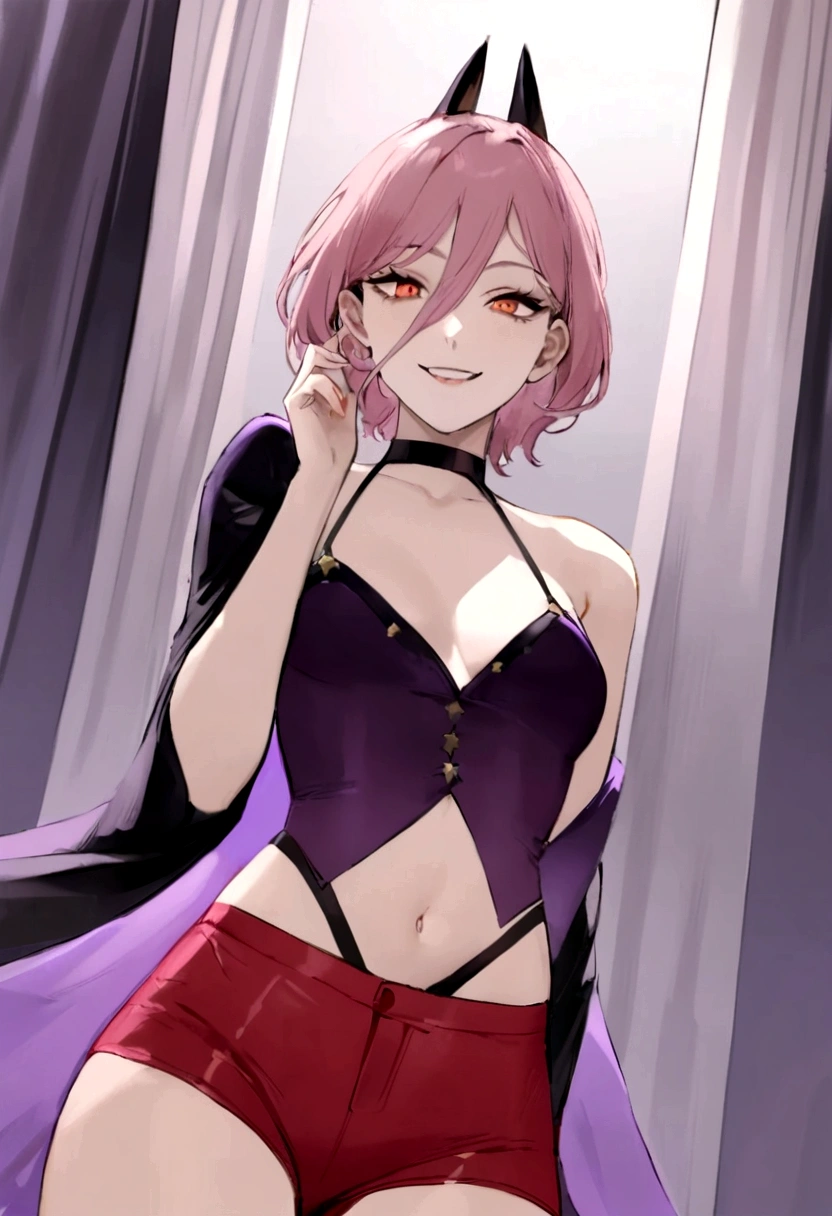 (best qualityer),1 girl in town,with a seductive look, and a carefree smile ,wearing purple bad girl clothes, with short red shorts