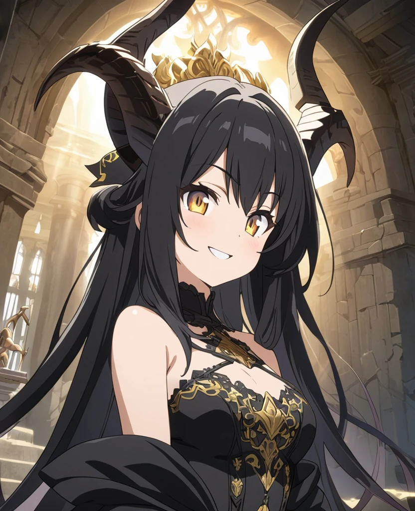 ((A girl grinning fearlessly,Anime painting,Fantasy,masterpiece,Highest quality,High resolution,finely)),(In front of the altar of the ancient ruins、Dynamic and provocative pose、A small, young, beautiful girl with long black hair and golden eyes.,Dragon horns growing from his head),Shoulders are exposed,A sexy black Gothic Lolita costume with gold embroidery,Composition from the upper body up