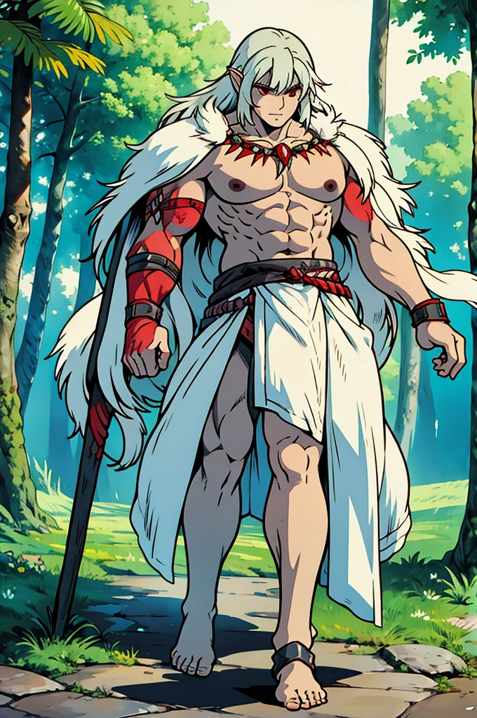 Half-Orc Barbarian, Red Eyes, green skin, silver hair, full body art, perfectly muscles adorneds, wolf skin mantle