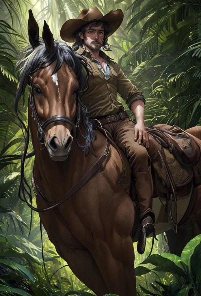 a cowboy riding a horse in a lush jungle, detailed facial features, portrait, (best quality,4k,8k,highres,masterpiece:1.2),ultra-detailed,(realistic,photorealistic,photo-realistic:1.37),cinematic lighting,vibrant colors,dramatic composition,intricate vegetation,dramatic lighting,dramatic shadows,moody atmosphere