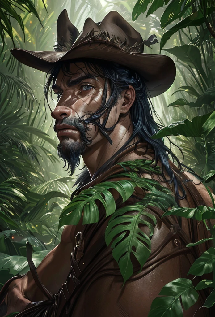 a cowboy riding a horse in a lush jungle, detailed facial features, portrait, (best quality,4k,8k,highres,masterpiece:1.2),ultra-detailed,(realistic,photorealistic,photo-realistic:1.37),cinematic lighting,vibrant colors,dramatic composition,intricate vegetation,dramatic lighting,dramatic shadows,moody atmosphere