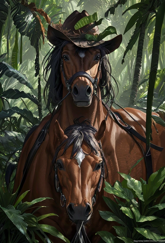 a cowboy riding a horse in a lush jungle, detailed facial features, portrait, (best quality,4k,8k,highres,masterpiece:1.2),ultra-detailed,(realistic,photorealistic,photo-realistic:1.37),cinematic lighting,vibrant colors,dramatic composition,intricate vegetation,dramatic lighting,dramatic shadows,moody atmosphere