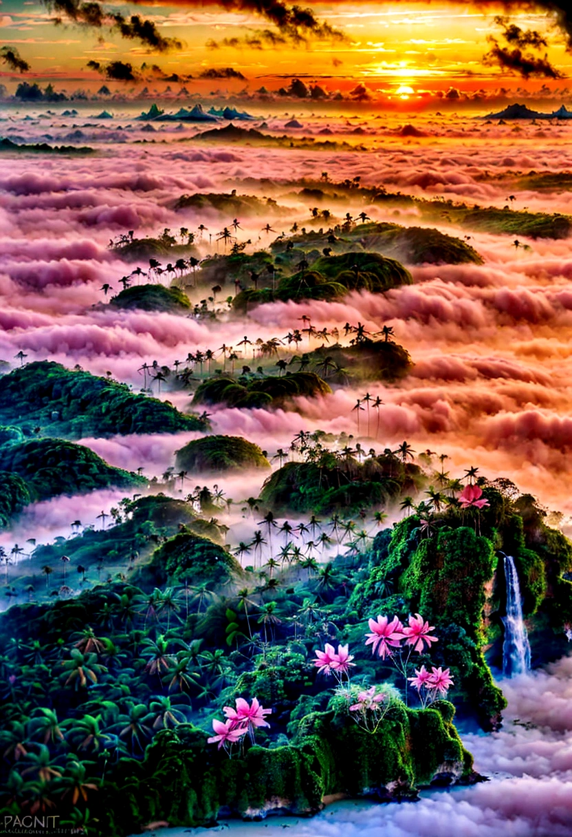 Tilt shift photo of a tropical jungle with a tropical beach in the distance at sunrise with pink clouds, some fog, a waterfall, peaceful.