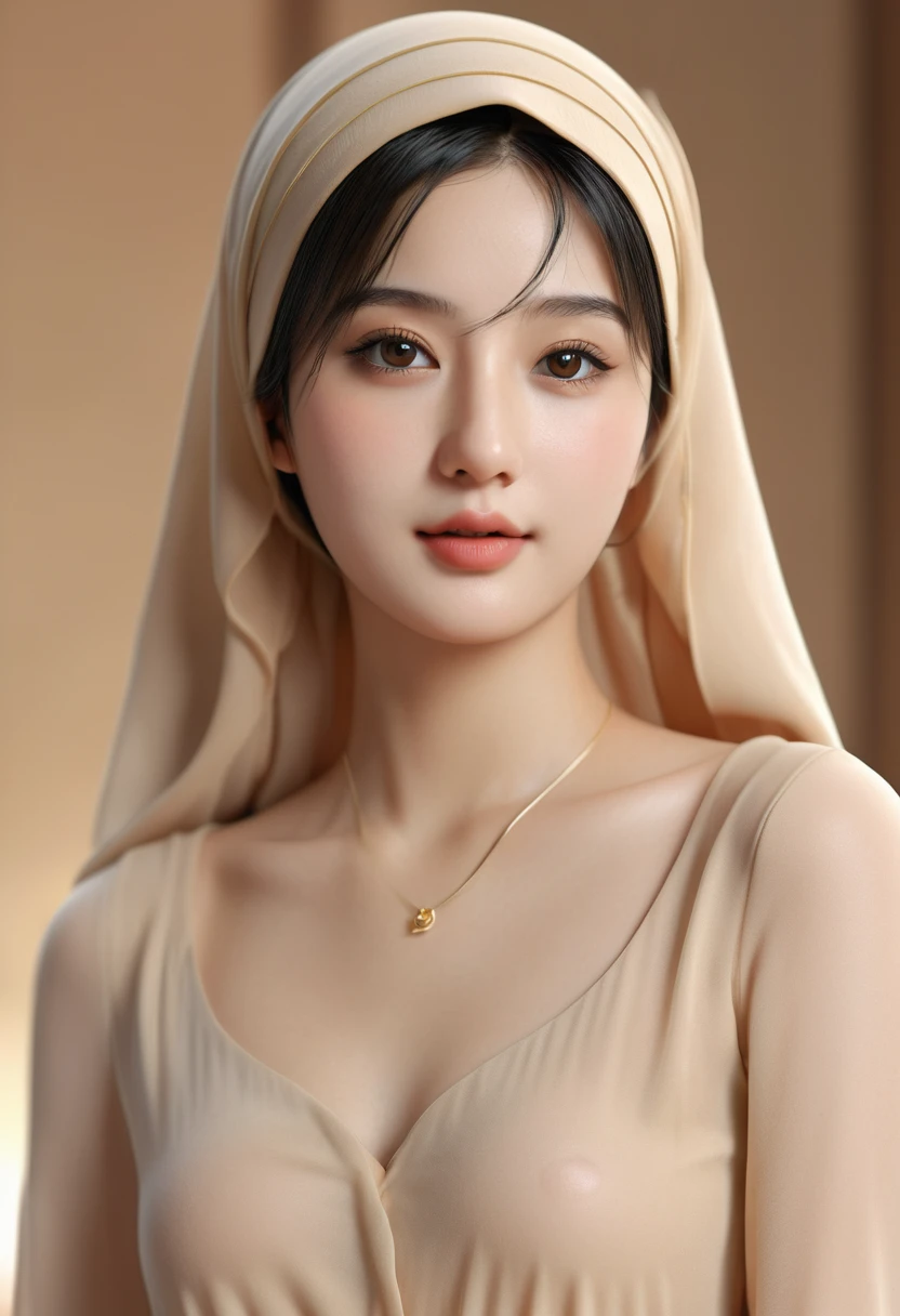 8k, hyper resolution, extremely detailed, A highly detailed, full-body 3D rendering of a realistic naked chinese young girl and only wearing a hijab with accurate face. She is nude and standing confidently showing sexy body, badroom background, drawing attention to its cheerful and elegant appearance. Her skin is smooth, naturally glowing and healthy, and her eyes are bright and expressive. The overall style is a mix of realism and a hint of cartoon features, giving it a lively look. use soft photography lighting