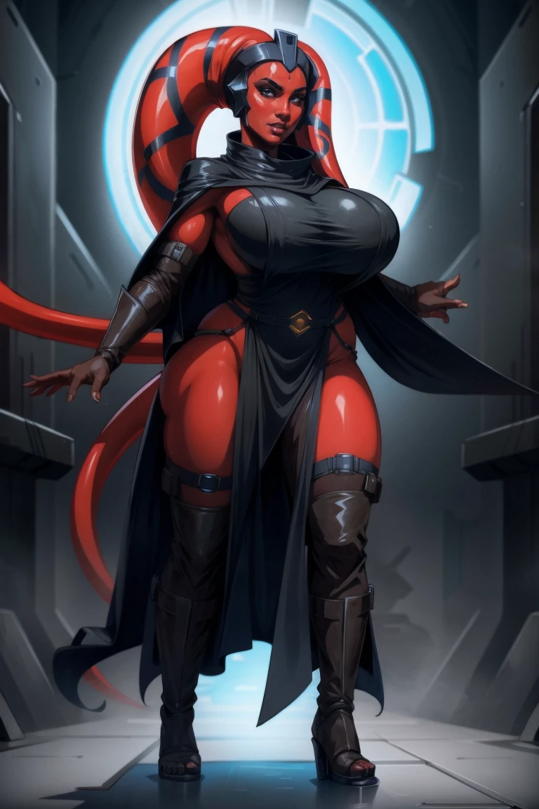 Brutal Red Skin Twi'lek with huge breasts wearing futuristic ((sleek (black) tunic)), robes, cowl, cape, huge breasts, slim hips, small waist, full-body shot