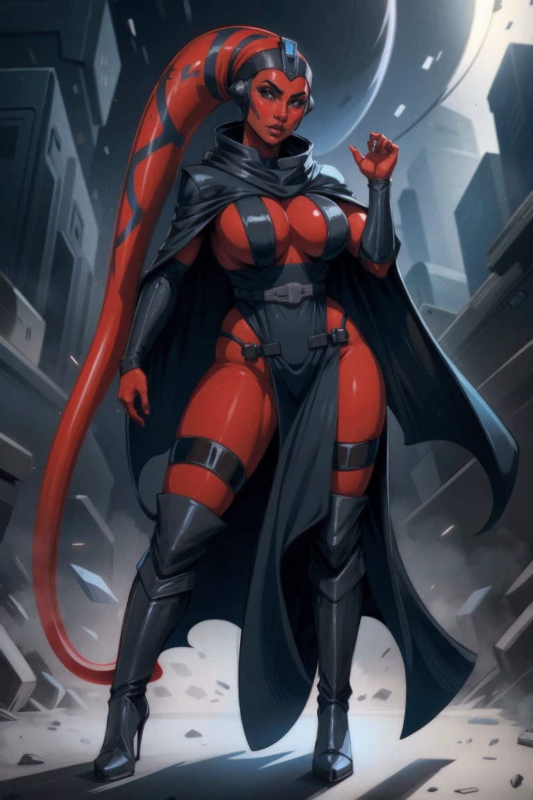 Brutal Red Skin Twi'lek with huge breasts wearing futuristic ((sleek (black) tunic)), robes, cowl, cape, huge breasts, slim hips, small waist, full-body shot