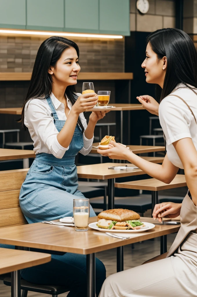 A woman is sitting in a cafeteria with her wife who slaps her