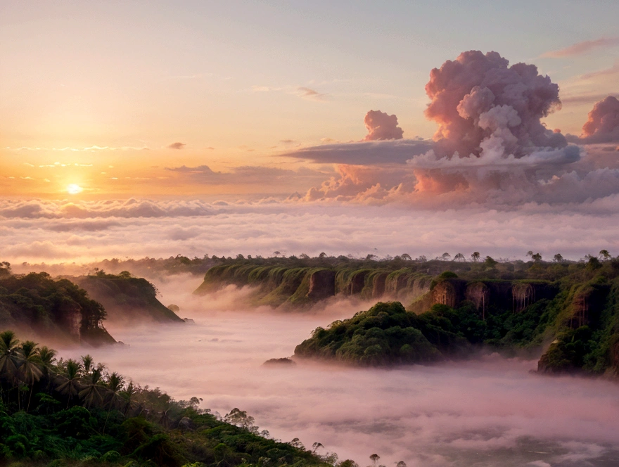 Beautiful photo of a tropical jungle with a tropical beach in the distance at sunrise with pink clouds, some fog, a waterfall, peaceful.