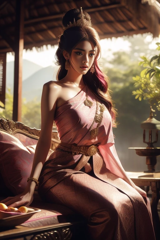 1 18 year old fashion model,Plump shape, [[[[close cleavage]]]], [[[[Big breasts]]]], [[[[Call]]]], [[[[shoulder]]]], perfect eyes, perfect iris，perfect lips，perfect teeth，Perfect beautiful skin，Long face，slender nose，Weak headlights，HDR，light pink clothes，thin red dress，Eyes on the audience,Some traditional Thai costumes，Sitting on a luxury sofa,long magenta hair，ผมยาวมีผ้าคลุมshoulder，The background is external.，Beautiful Thai house background,cool color images