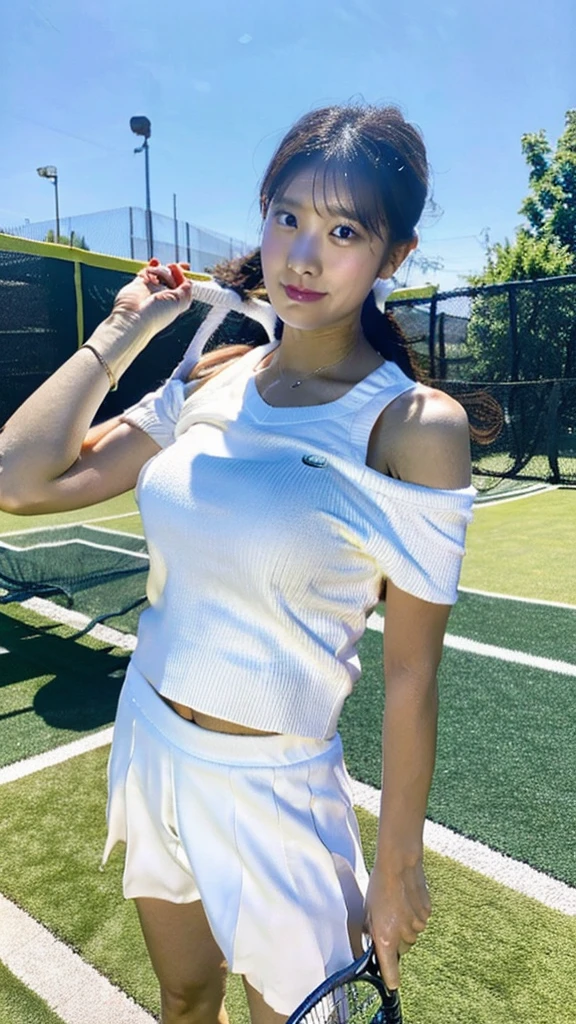 Describe a woman in a white tennis outfit, swinging a tennis racket with a determined expression on her face as she hits the ball back on a green tennis court under a clear blue sky. Her movements are powerful, and there are stands with spectators in the background,sweat,under shot,low angle,group,ahegao,orgasm,underboob:1.3,off shoulder colorful uni form