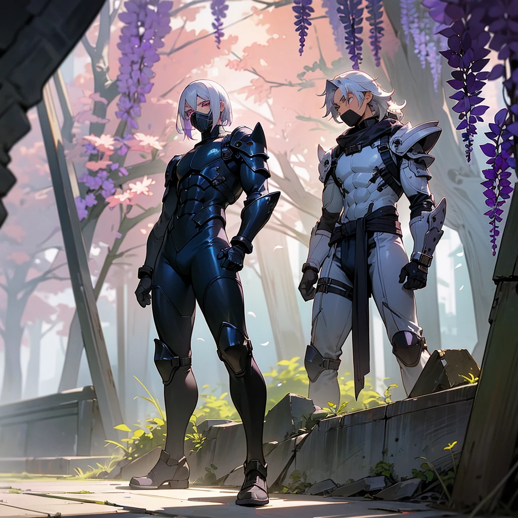 1male, young adult, dark skin, finely detailed plum eyes, wild medium hair, seashell white hair color, full body combat suit, shoulder armor pieces, combat boots, baggy miltarty combat pants, standing on ruined building, day time, tokyo streets, somber expression, muscular, tattoos, wisteria flowers, scars, gasmask