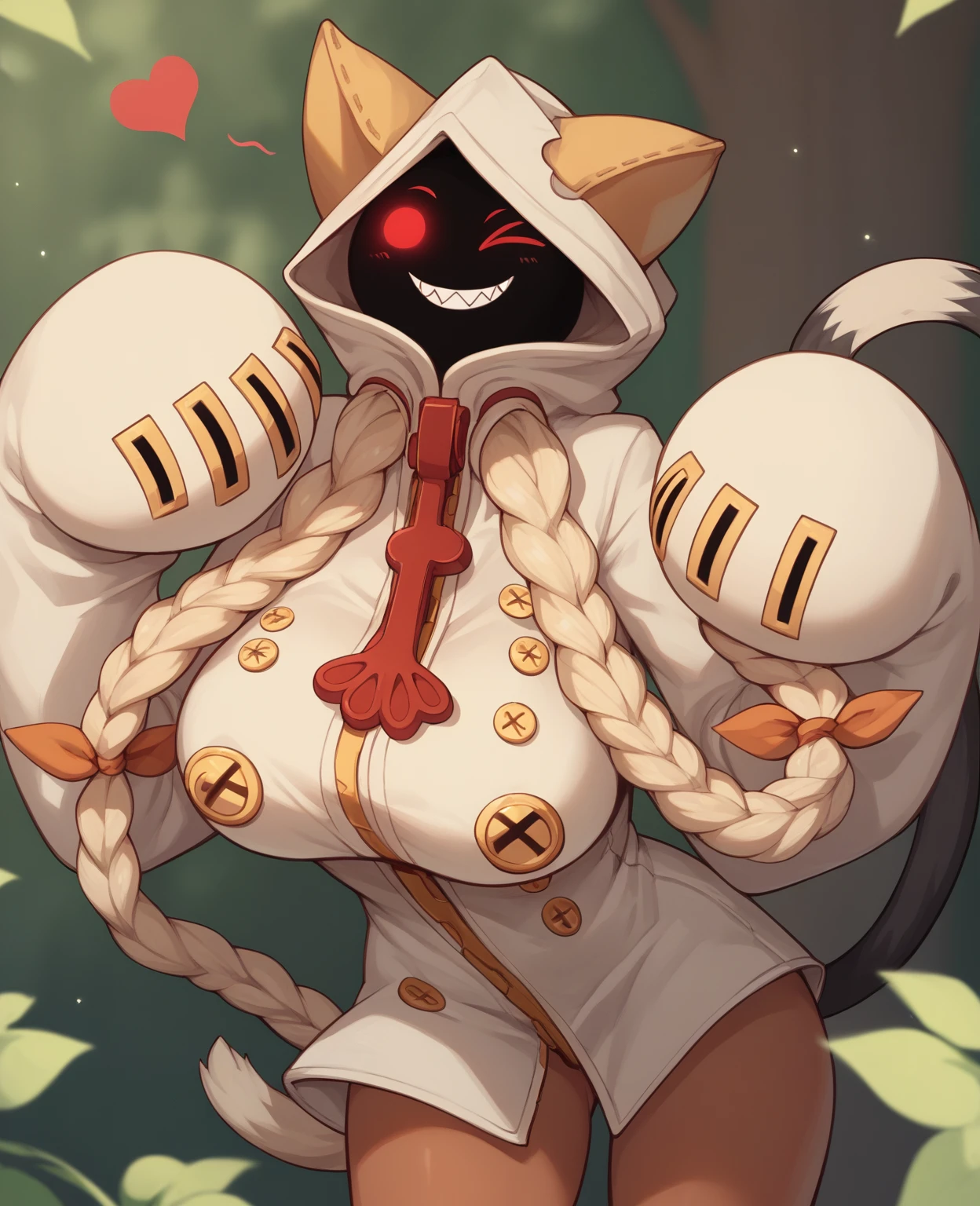 score_9, score_8_up, score_7_up, score_6_up, score_5_up, score_4_up, source_furry, taokaka, animal humanoid, cat humanoid, felid, felid humanoid, feline, feline humanoid, humanoid, kaka \(blazblue\), mammal, mammal humanoid, accessory, big breasts, black body, black fur, black skin, blonde hair, bow \(feature\), bow accessory, bow ribbon, braided hair, breasts, clothed, clothing, empty eyes, fangs, female, fur, furgonomics, hair, hair accessory, hair bow, hair ribbon, heart symbol, hood, hoodie, leaf, long hair, looking at viewer, nipple analogue, one eye closed, plant, red eyes, ribbons, shadow face, sharp teeth, smile, solo, standing, teeth, topwear, tree, white body, white fur, wink, zipper, (simple face:1.2), 
