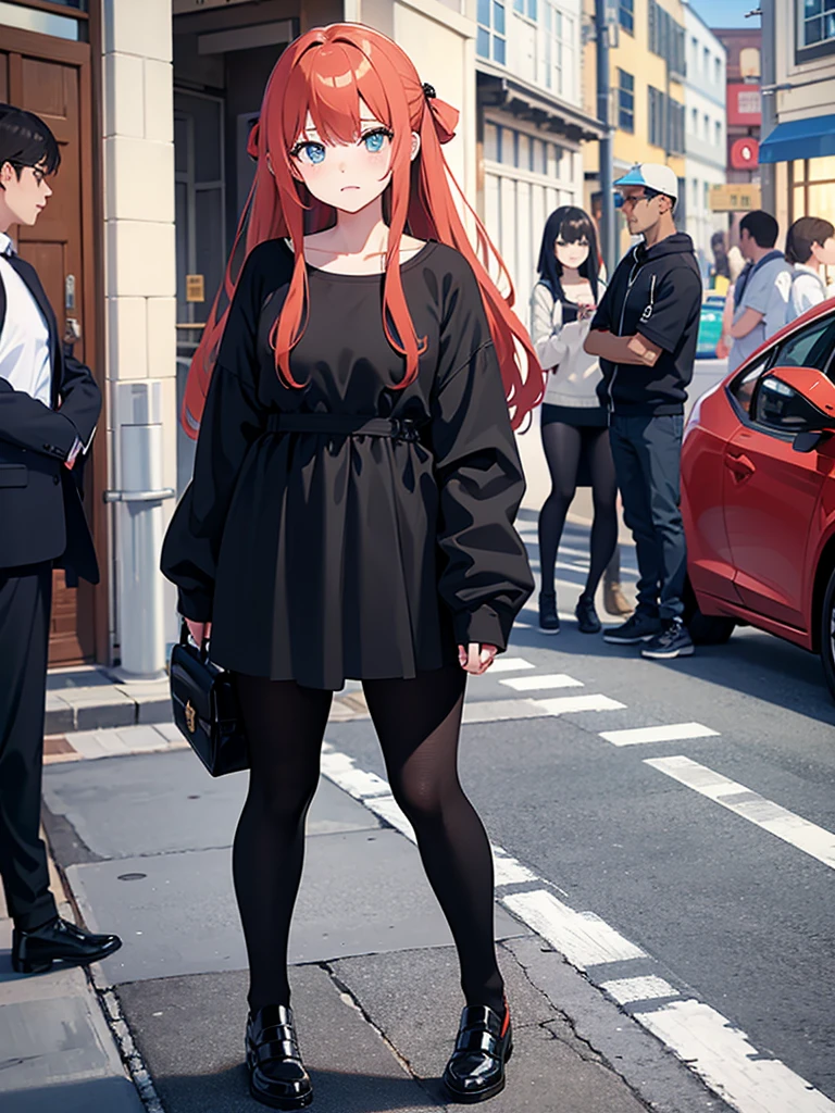 Anime girl, waiting hand, full body, street, embarrased face, Teenagers, black outfit