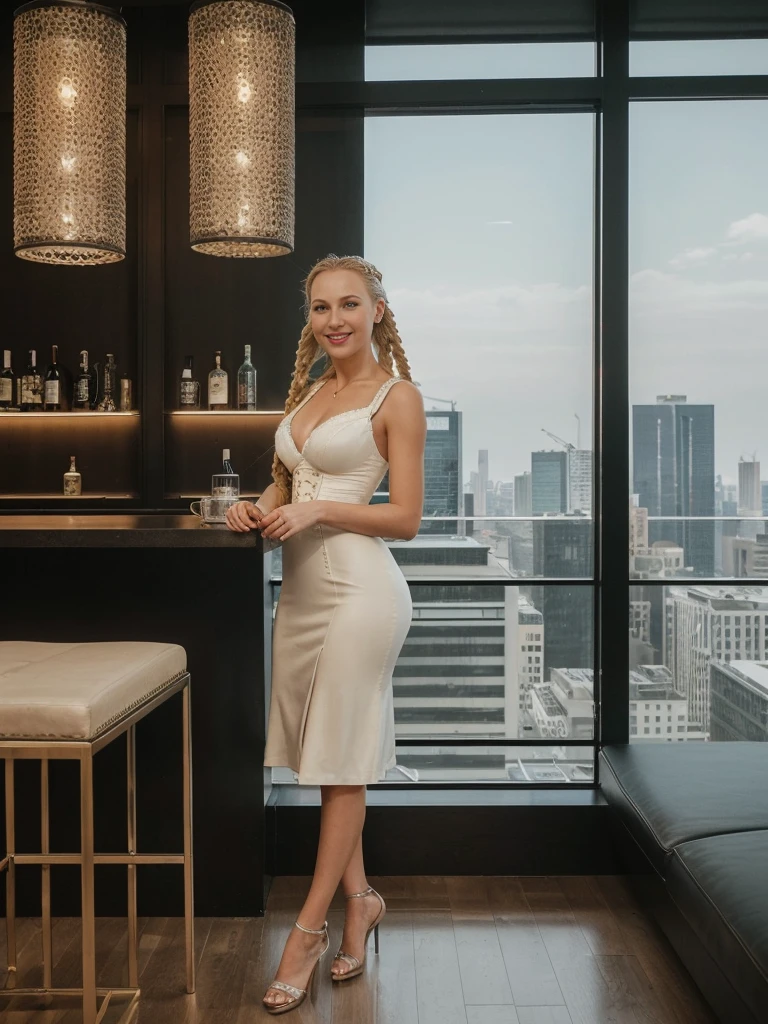 solo, realistic, photorealistic, natural lighting, (large forehead, (((Latvian woman))), (((Latvian nose))), (((Latvian eyes))), (((blonde))), (((braids))), (((Latvian face))), (((Latvian lips))), (((Latvian body))), (((fair complexion))) pose: standing, smiling, wearing Corset-Style Dress , cleavage, , background: Located in the heart of the city, this lounge captures the essence of urban twilight with panoramic windows offering views of city lights and skyscrapers. The decor is modern and minimalist, with sleek furniture and metallic accents. The bar serves innovative cocktails with a focus on local spirits and ingredients.