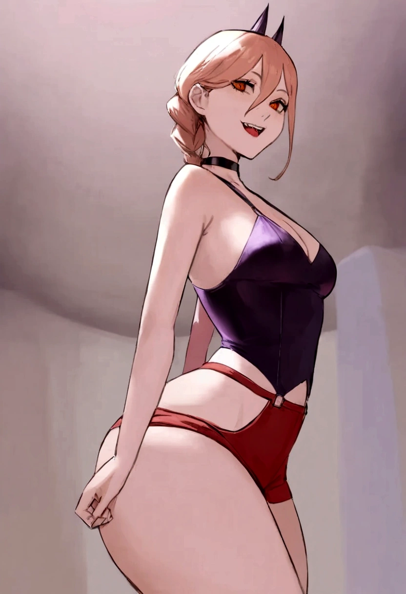 (best qualityer),1 girl in town,with a seductive look, and a carefree smile ,wearing purple bad girl clothes, with short red shorts